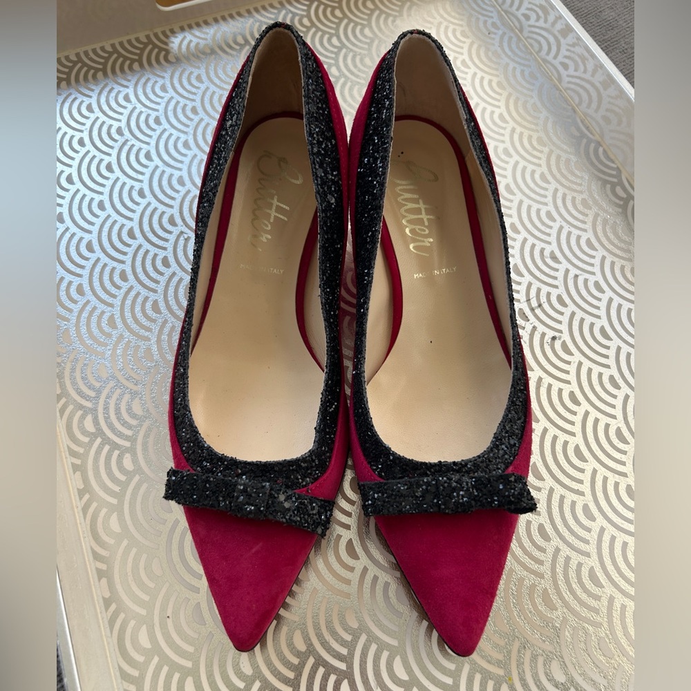BUTTER Italy Magenta Suede Kitten Heel Pumps With Black Sequin Bows + Trim 6.5 - Picture 3 of 11